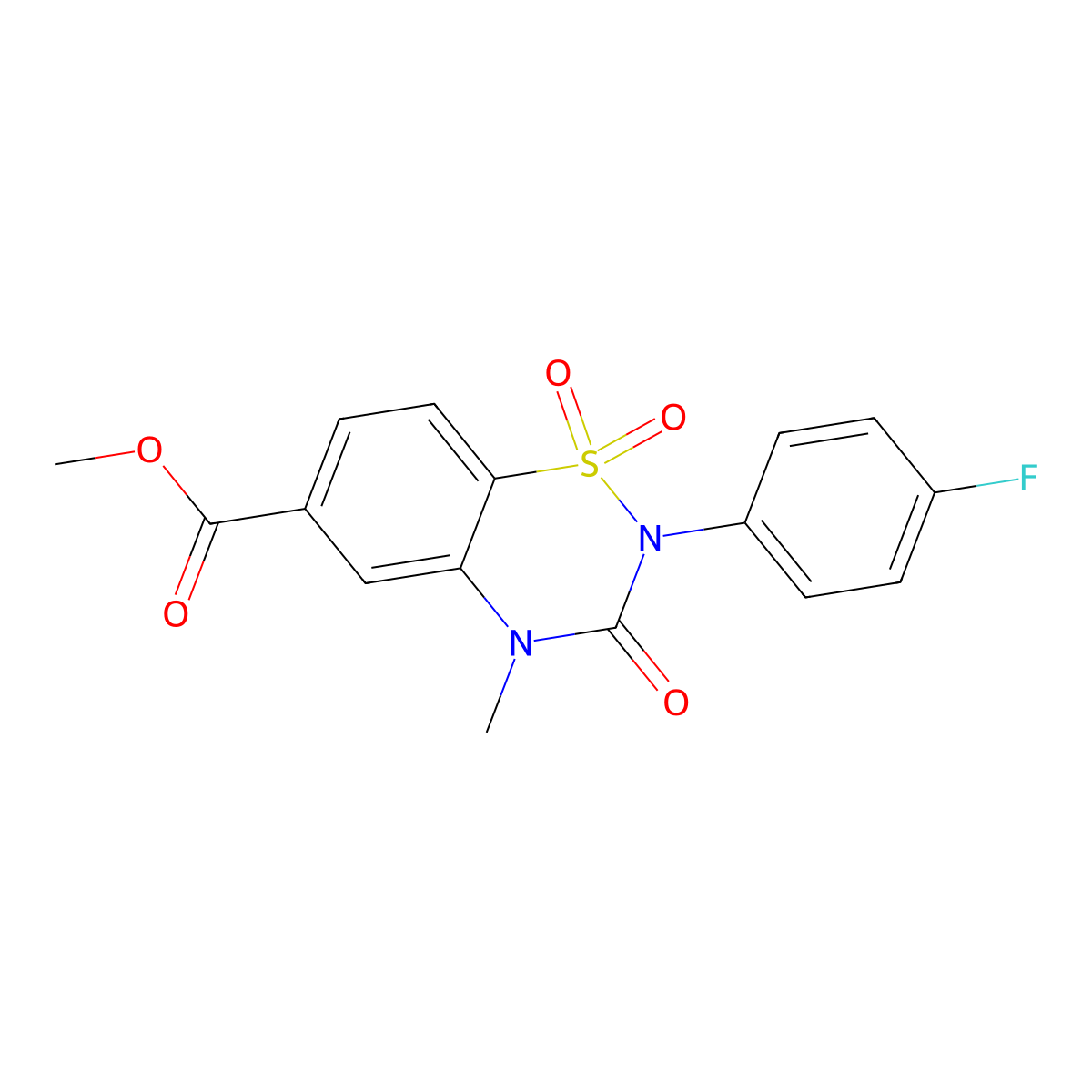 Methyl 2-(4-fluorophenyl)-4-methyl-1,1,3-trioxo-1lambda6,2,4-benzothiadiazine-6-carboxylate molecular structure, CAS 2640946-18-3