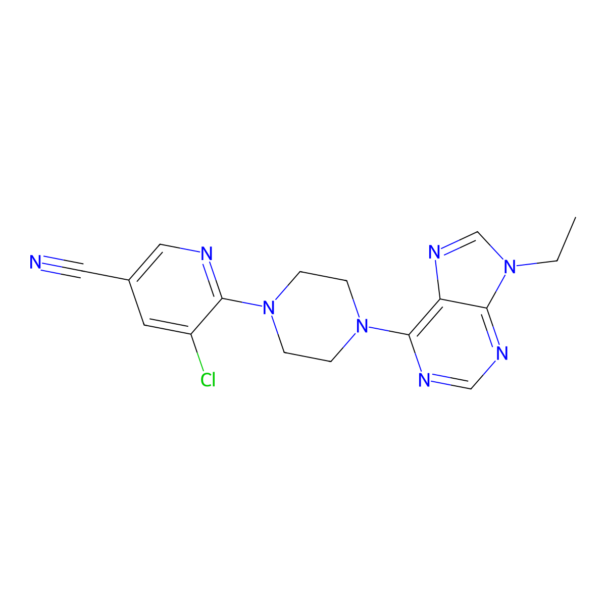 5-chloro-6-[4-(9-ethyl-9H-purin-6-yl)piperazin-1-yl]pyridine-3-carbonitrile molecular structure, CAS 2640946-19-4
