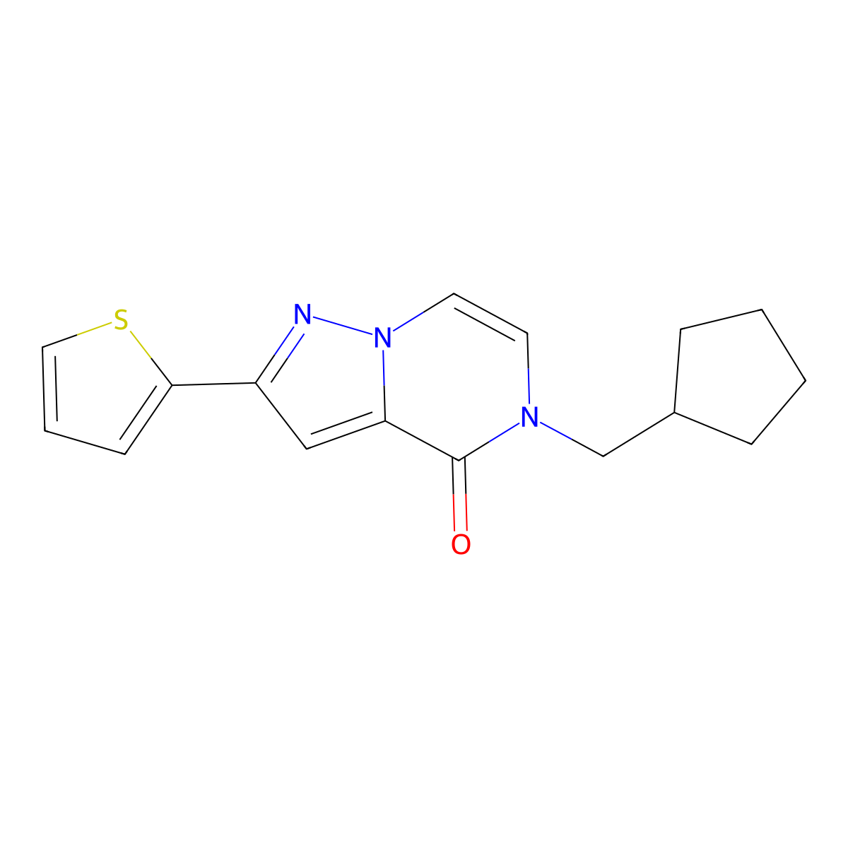 5-(cyclopentylmethyl)-2-(thiophen-2-yl)-4H,5H-pyrazolo[1,5-a]pyrazin-4-one molecular structure, CAS 2640946-21-8