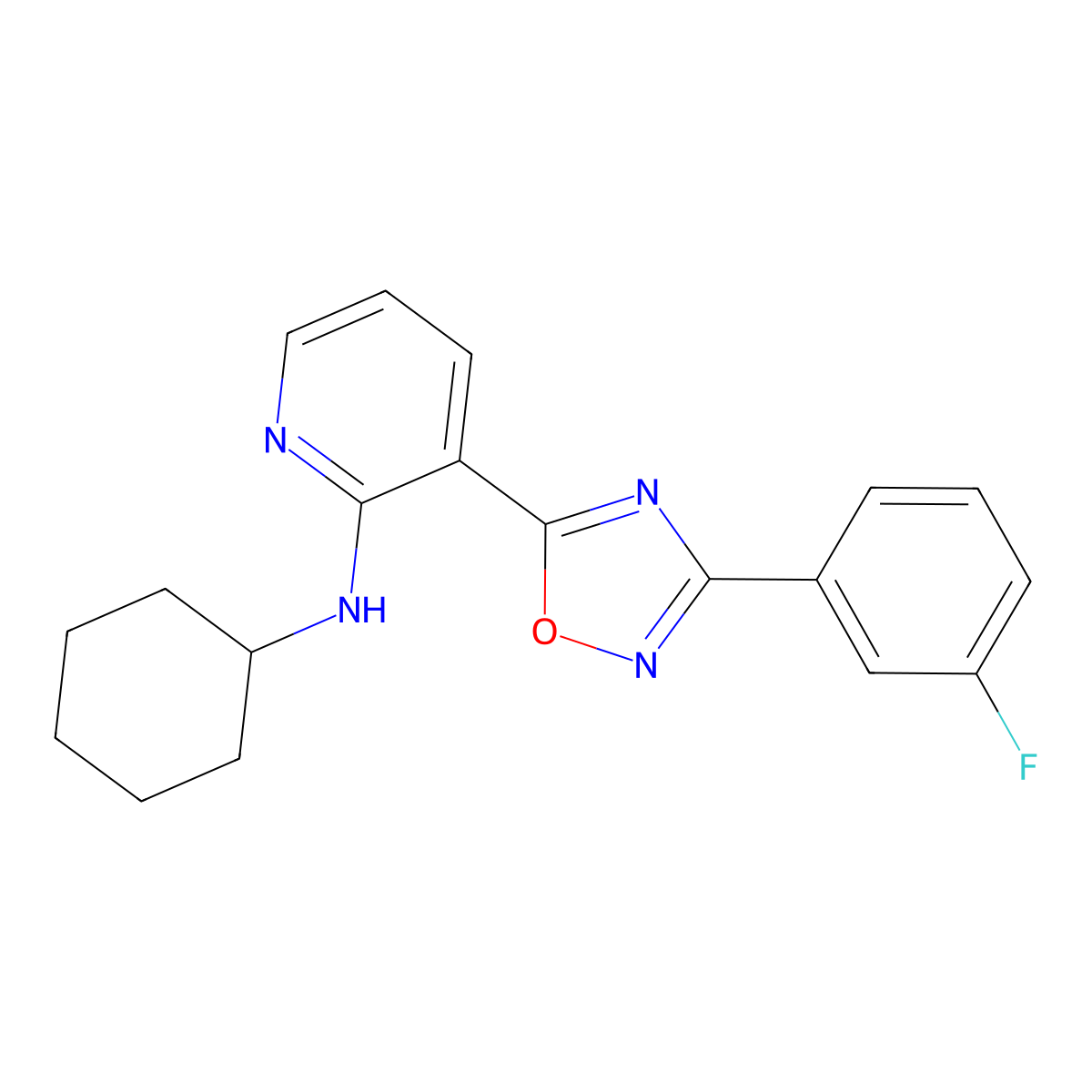 N-cyclohexyl-3-[3-(3-fluorophenyl)-1,2,4-oxadiazol-5-yl]pyridin-2-amine molecular structure, CAS 2640946-22-9