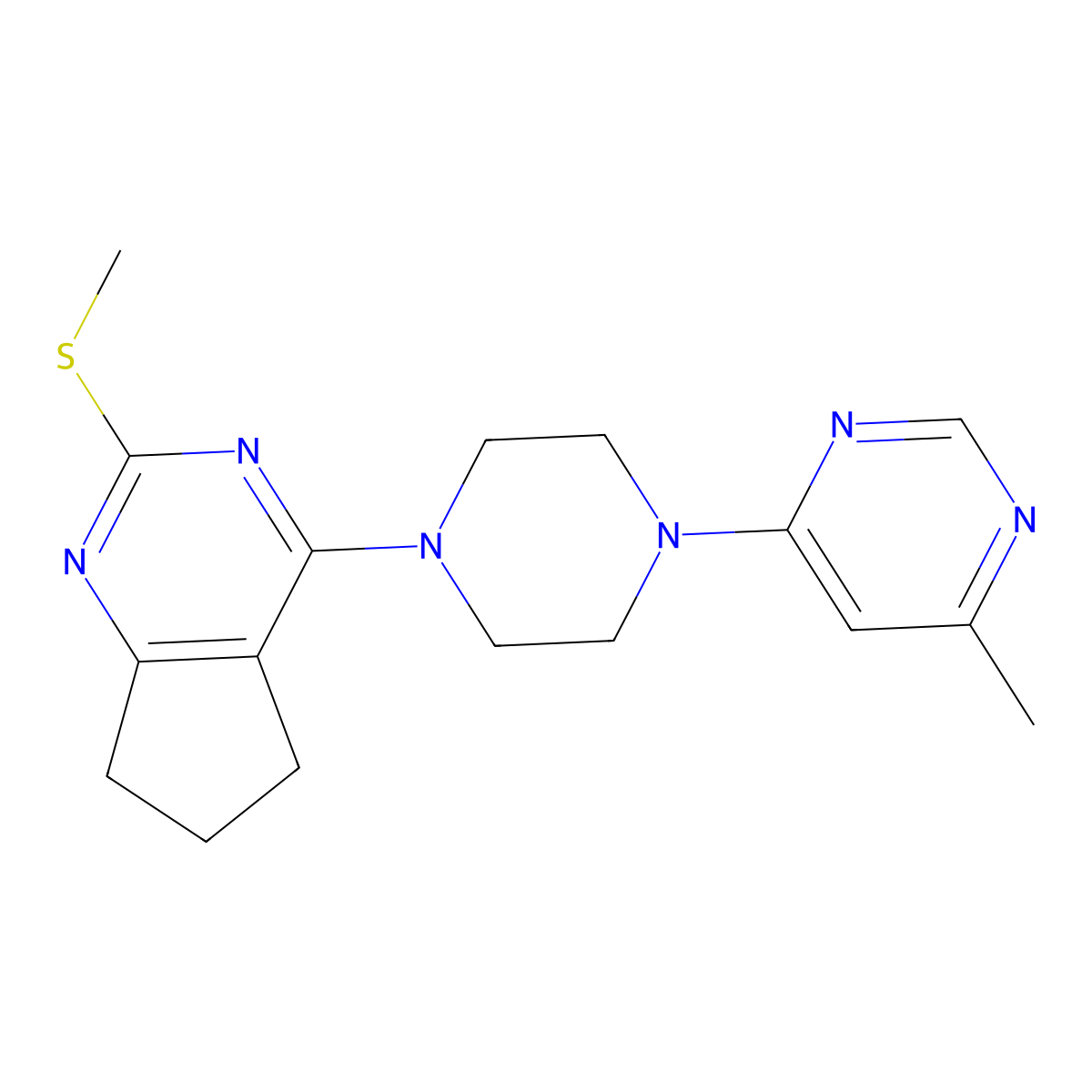 4-methyl-6-{4-[2-(methylsulfanyl)-5H,6H,7H-cyclopenta[d]pyrimidin-4-yl]piperazin-1-yl}pyrimidine molecular structure, CAS 2640946-23-0