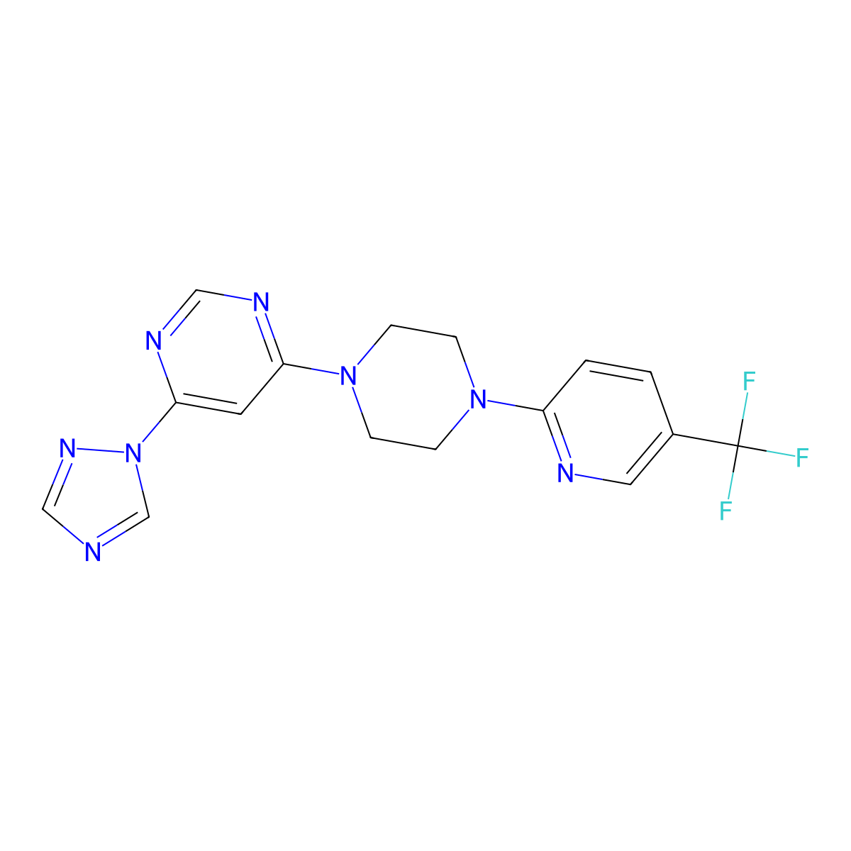 4-(1H-1,2,4-triazol-1-yl)-6-{4-[5-(trifluoromethyl)pyridin-2-yl]piperazin-1-yl}pyrimidine molecular structure, CAS 2640946-27-4