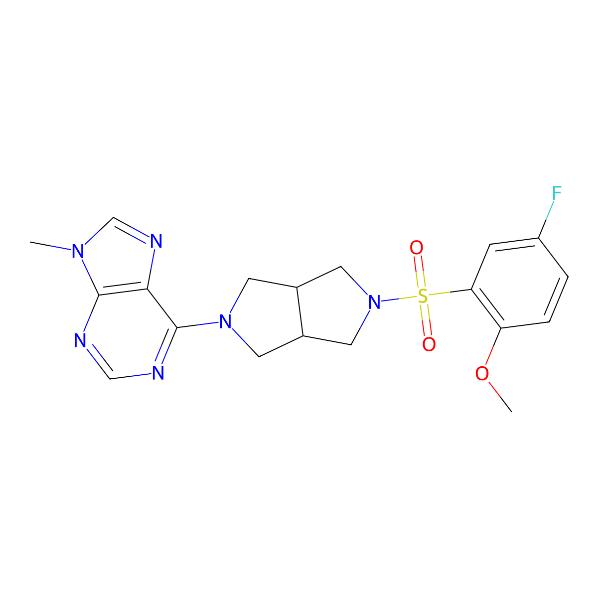6-[5-(5-fluoro-2-methoxybenzenesulfonyl)-octahydropyrrolo[3,4-c]pyrrol-2-yl]-9-methyl-9H-purine molecular structure, CAS 2640946-28-5