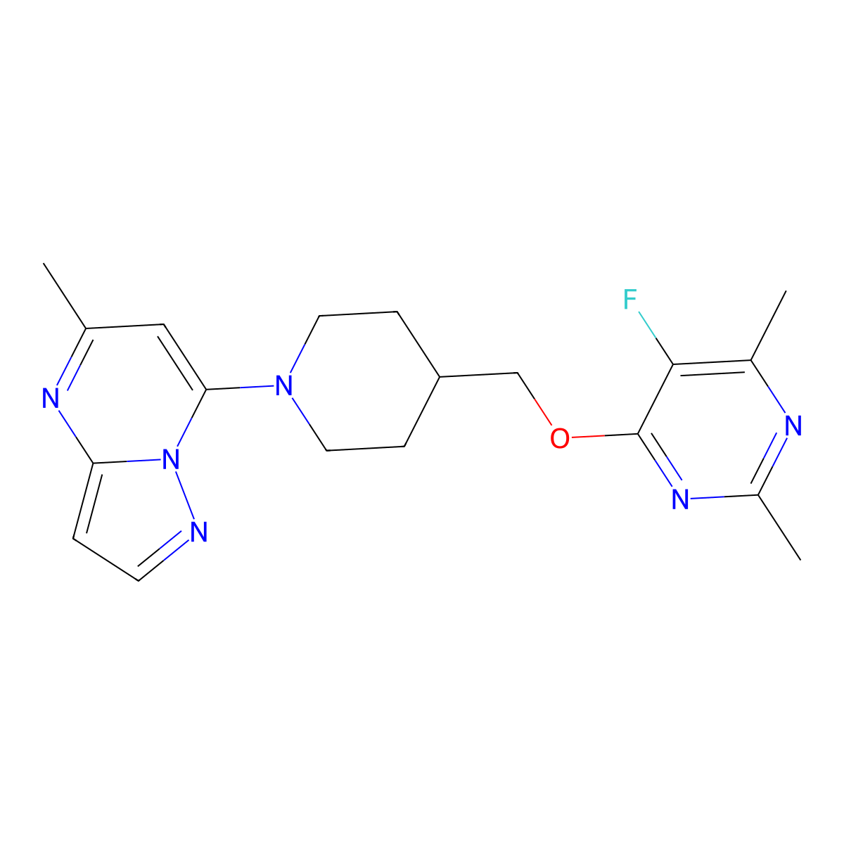 5-Fluoro-2,4-dimethyl-6-[(1-{5-methylpyrazolo[1,5-a]pyrimidin-7-yl}piperidin-4-yl)methoxy]pyrimidine molecular structure, CAS 2640946-29-6