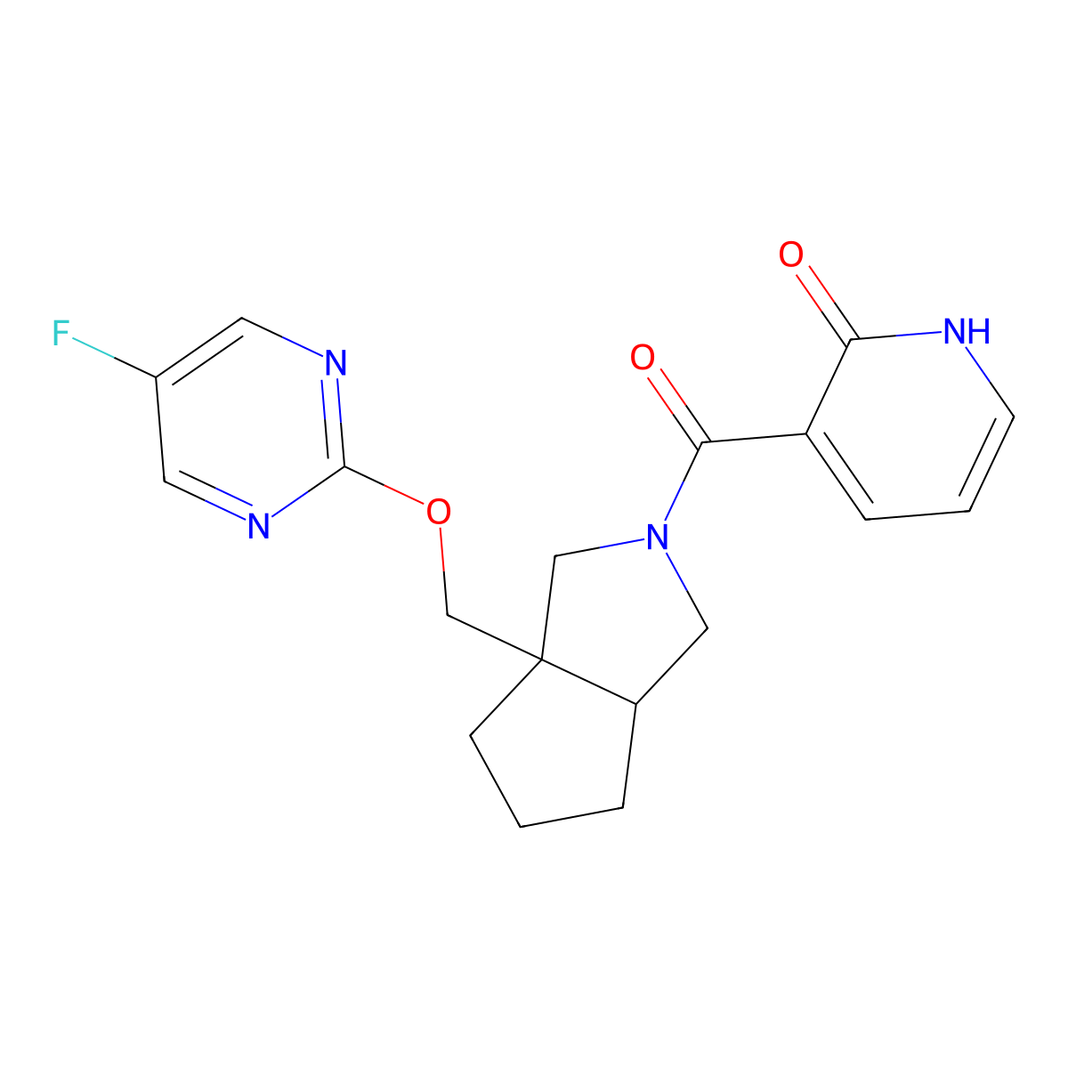 3-(3a-{[(5-Fluoropyrimidin-2-yl)oxy]methyl}-octahydrocyclopenta[c]pyrrole-2-carbonyl)-1,2-dihydropyridin-2-one molecular structure, CAS 2640946-33-2