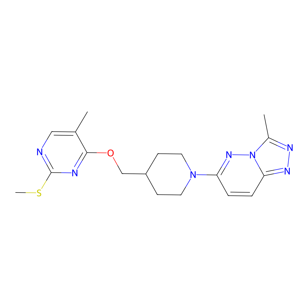 5-Methyl-4-[(1-{3-methyl-[1,2,4]triazolo[4,3-b]pyridazin-6-yl}piperidin-4-yl)methoxy]-2-(methylsulfanyl)pyrimidine molecular structure, CAS 2640946-36-5