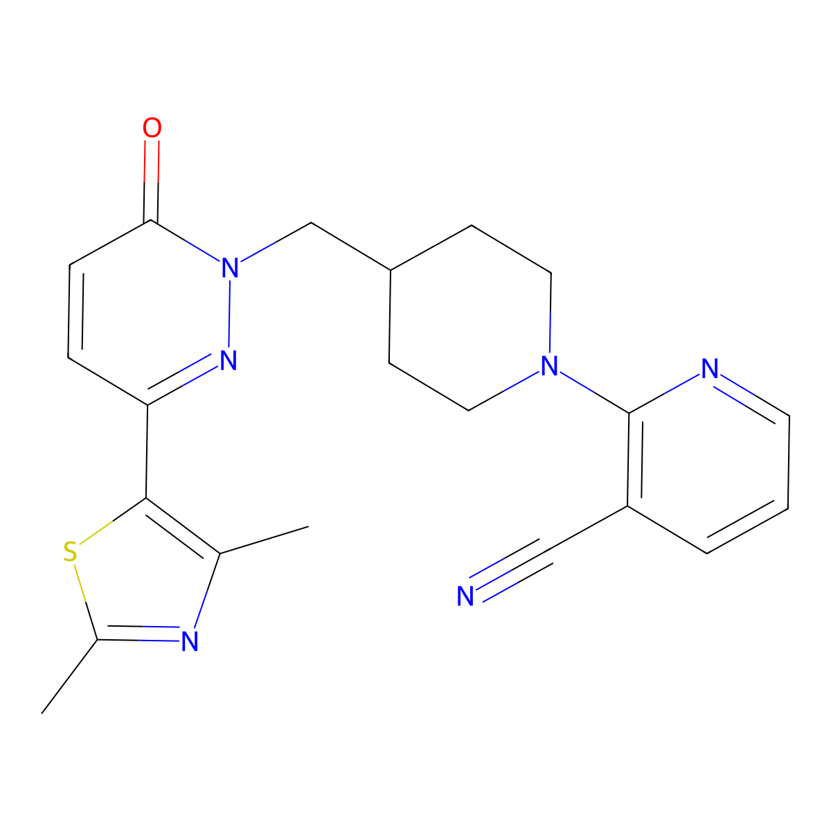 2-(4-{[3-(2,4-Dimethyl-1,3-thiazol-5-yl)-6-oxo-1,6-dihydropyridazin-1-yl]methyl}piperidin-1-yl)pyridine-3-carbonitrile molecular structure, CAS 2640946-37-6