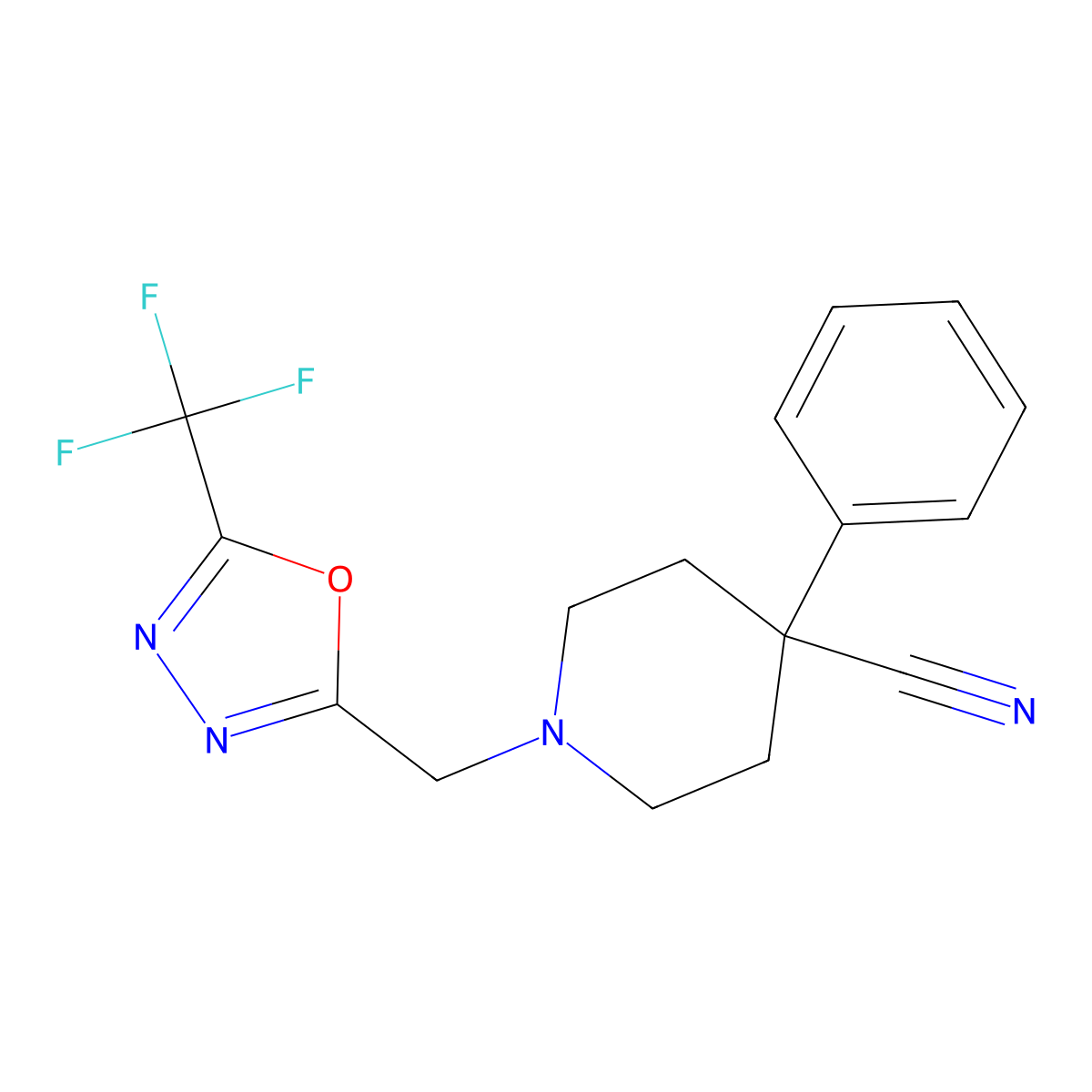 4-Phenyl-1-{[5-(trifluoromethyl)-1,3,4-oxadiazol-2-yl]methyl}piperidine-4-carbonitrile molecular structure, CAS 2640946-40-1