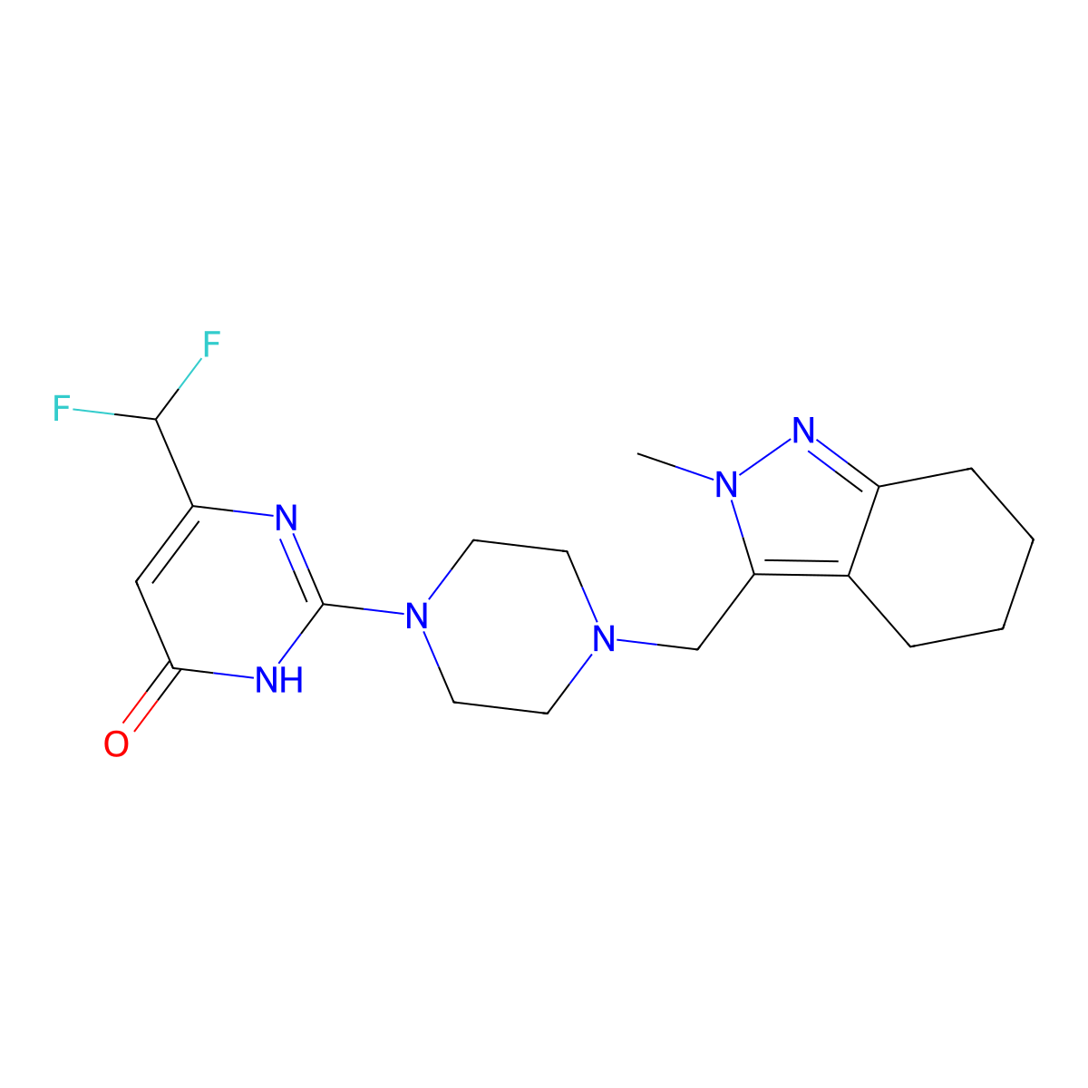 6-(difluoromethyl)-2-{4-[(2-methyl-4,5,6,7-tetrahydro-2H-indazol-3-yl)methyl]piperazin-1-yl}-3,4-dihydropyrimidin-4-one molecular structure, CAS 2640946-44-5