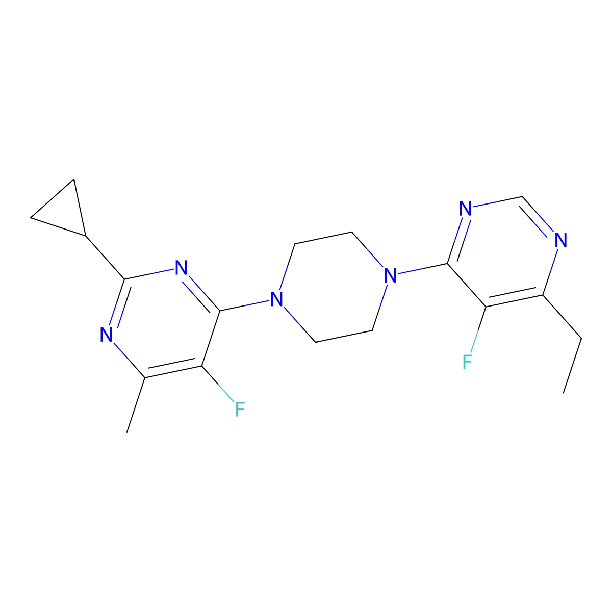 2-Cyclopropyl-4-[4-(6-ethyl-5-fluoropyrimidin-4-yl)piperazin-1-yl]-5-fluoro-6-methylpyrimidine molecular structure, CAS 2640946-45-6