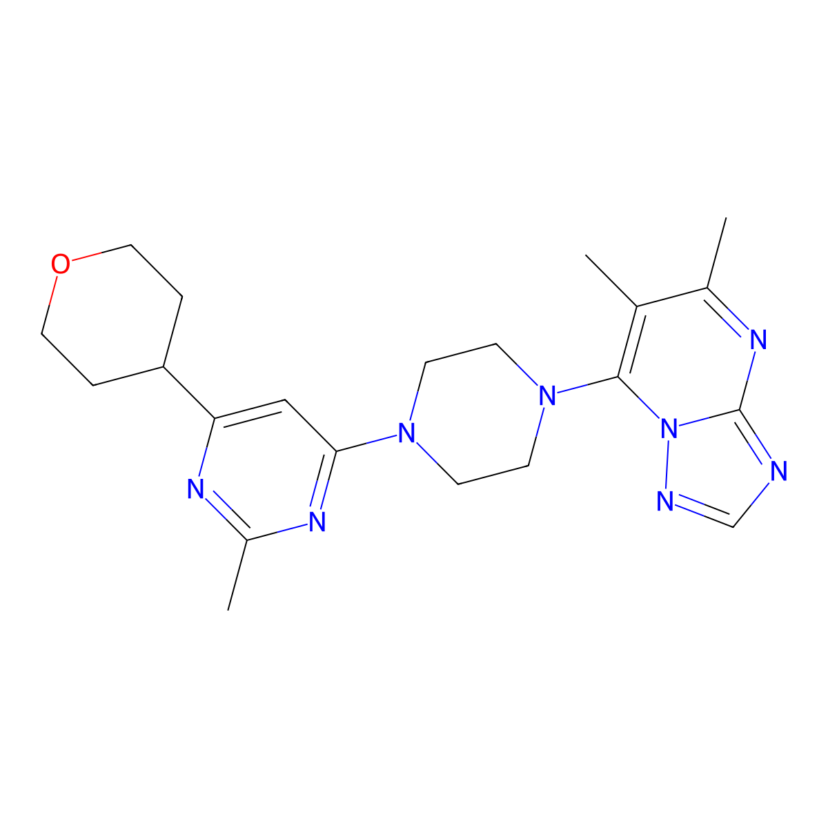 4-(4-{5,6-Dimethyl-[1,2,4]triazolo[1,5-a]pyrimidin-7-yl}piperazin-1-yl)-2-methyl-6-(oxan-4-yl)pyrimidine molecular structure, CAS 2640946-46-7