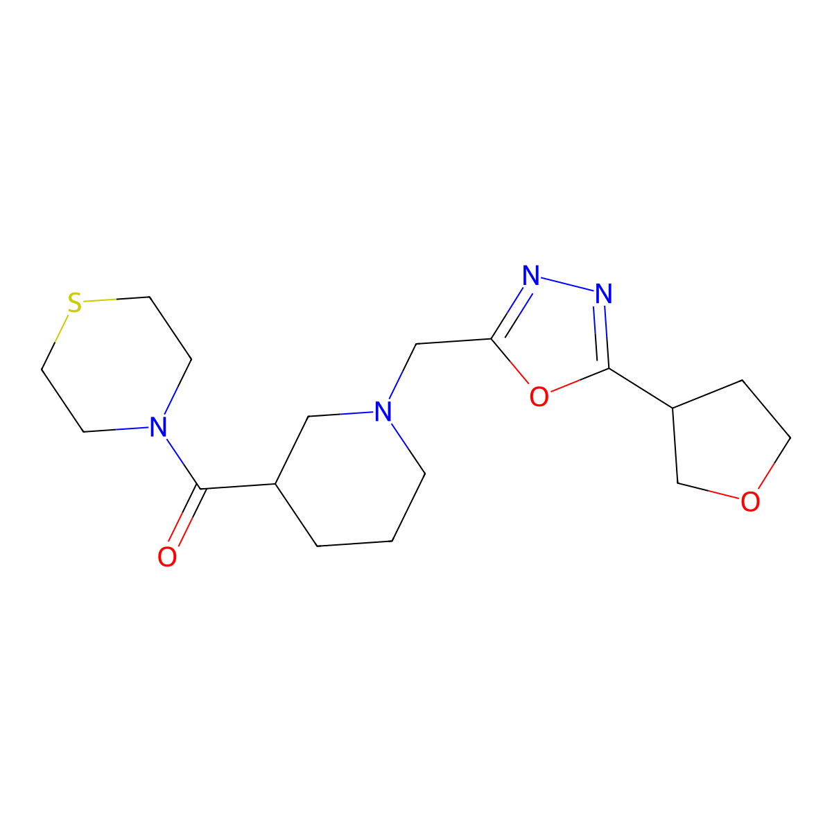4-(1-{[5-(Oxolan-3-yl)-1,3,4-oxadiazol-2-yl]methyl}piperidine-3-carbonyl)thiomorpholine molecular structure, CAS 2640946-48-9