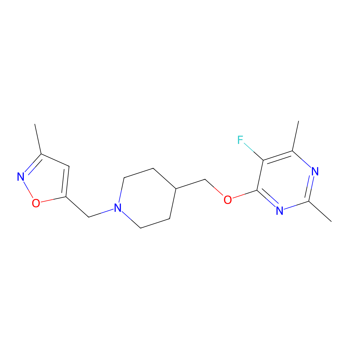 5-Fluoro-2,4-dimethyl-6-({1-[(3-methyl-1,2-oxazol-5-yl)methyl]piperidin-4-yl}methoxy)pyrimidine molecular structure, CAS 2640946-49-0