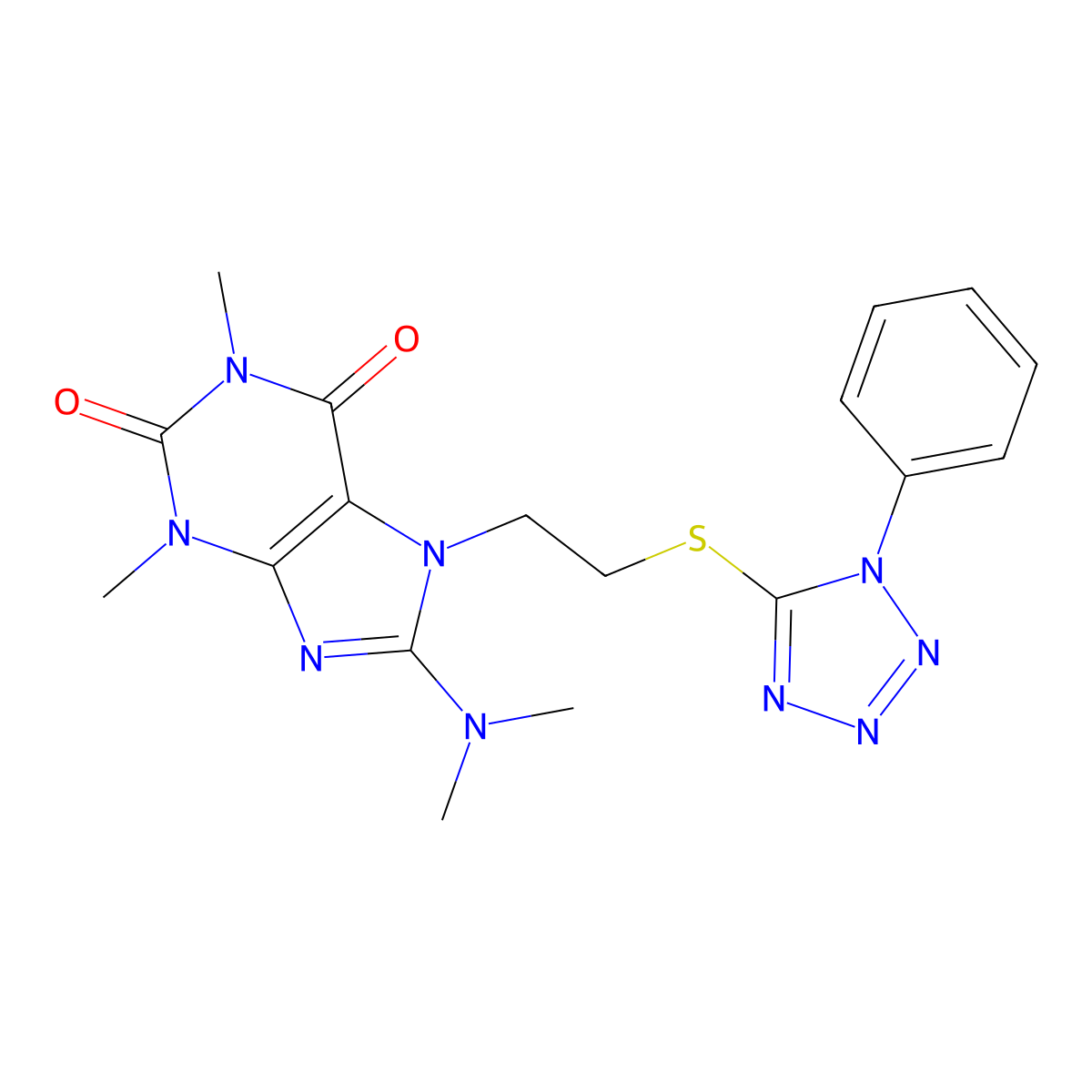 8-(dimethylamino)-1,3-dimethyl-7-{2-[(1-phenyl-1H-1,2,3,4-tetrazol-5-yl)sulfanyl]ethyl}-2,3,6,7-tetrahydro-1H-purine-2,6-dione molecular structure, CAS 2640946-54-7