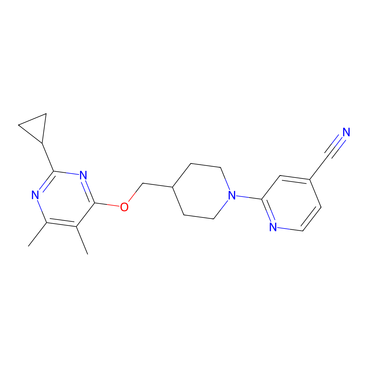 2-(4-{[(2-Cyclopropyl-5,6-dimethylpyrimidin-4-yl)oxy]methyl}piperidin-1-yl)pyridine-4-carbonitrile molecular structure, CAS 2640946-57-0