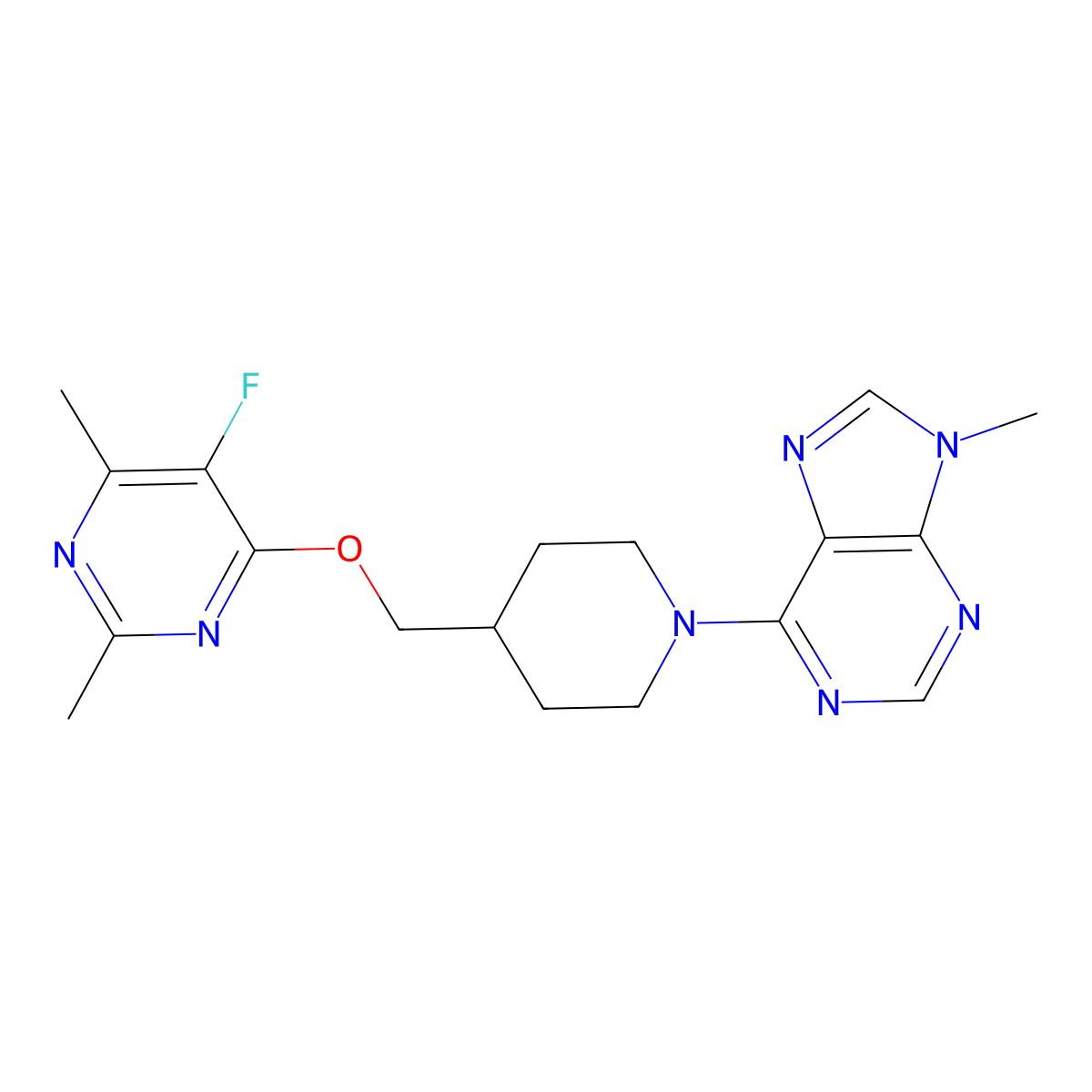 6-(4-{[(5-fluoro-2,6-dimethylpyrimidin-4-yl)oxy]methyl}piperidin-1-yl)-9-methyl-9H-purine molecular structure, CAS 2640946-58-1