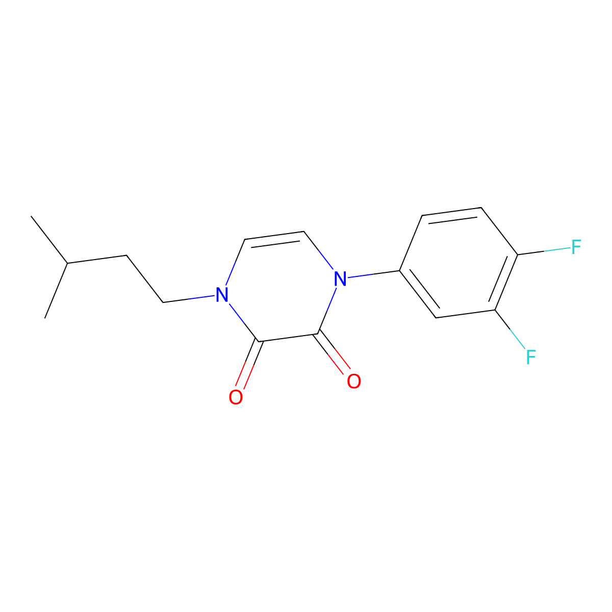 1-(3,4-Difluorophenyl)-4-(3-methylbutyl)-1,2,3,4-tetrahydropyrazine-2,3-dione molecular structure, CAS 2640946-62-7