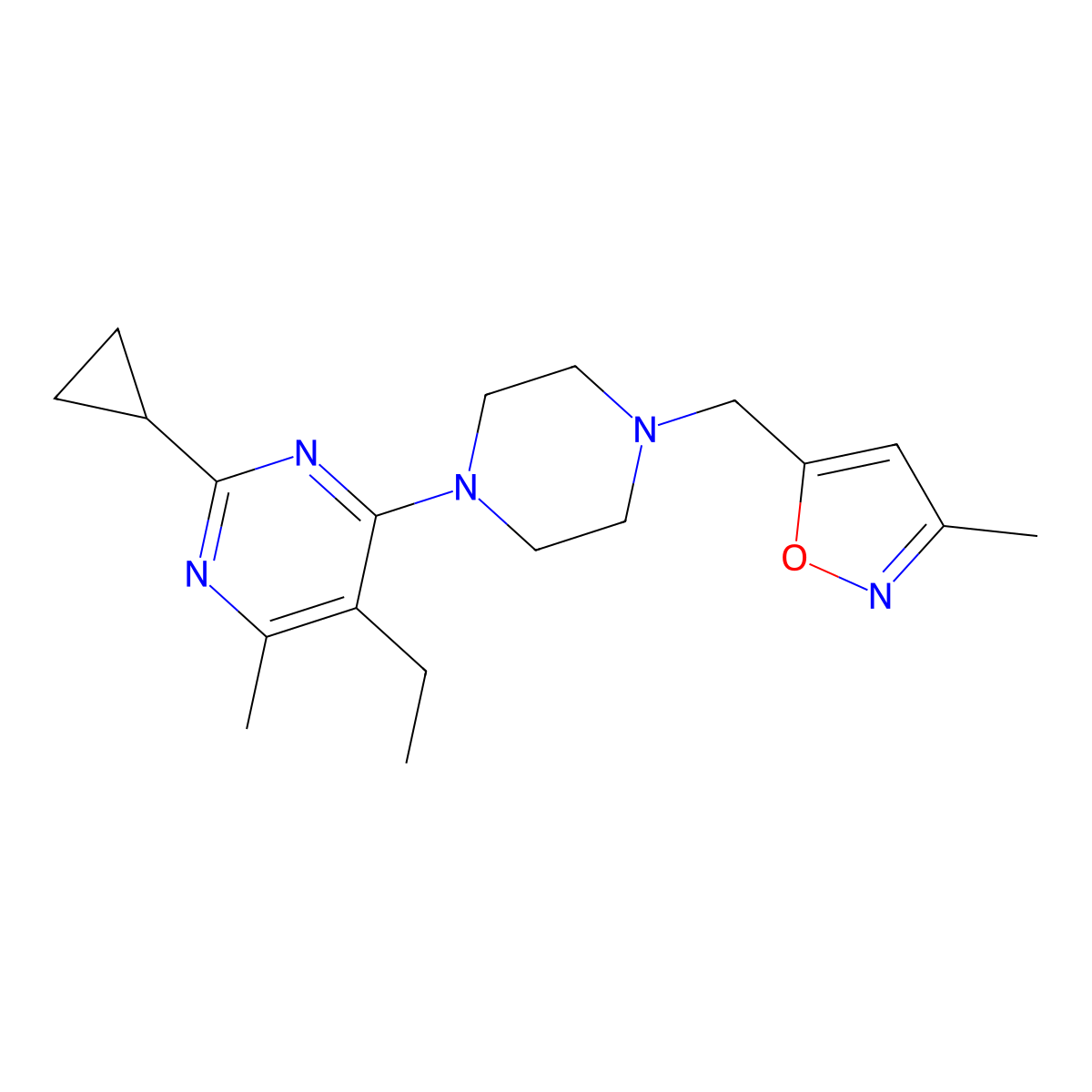 2-Cyclopropyl-5-ethyl-4-methyl-6-{4-[(3-methyl-1,2-oxazol-5-yl)methyl]piperazin-1-yl}pyrimidine molecular structure, CAS 2640946-67-2