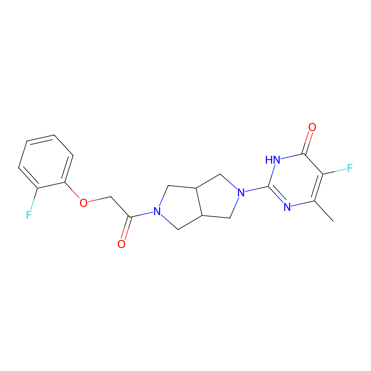 5-Fluoro-2-{5-[2-(2-fluorophenoxy)acetyl]-octahydropyrrolo[3,4-c]pyrrol-2-yl}-6-methyl-3,4-dihydropyrimidin-4-one molecular structure, CAS 2640946-77-4