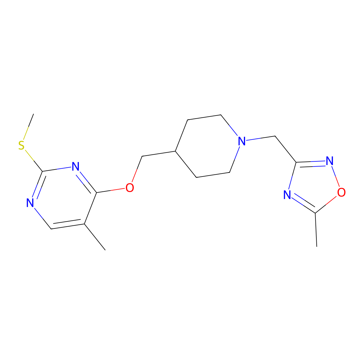 5-Methyl-4-({1-[(5-methyl-1,2,4-oxadiazol-3-yl)methyl]piperidin-4-yl}methoxy)-2-(methylsulfanyl)pyrimidine molecular structure, CAS 2640946-78-5