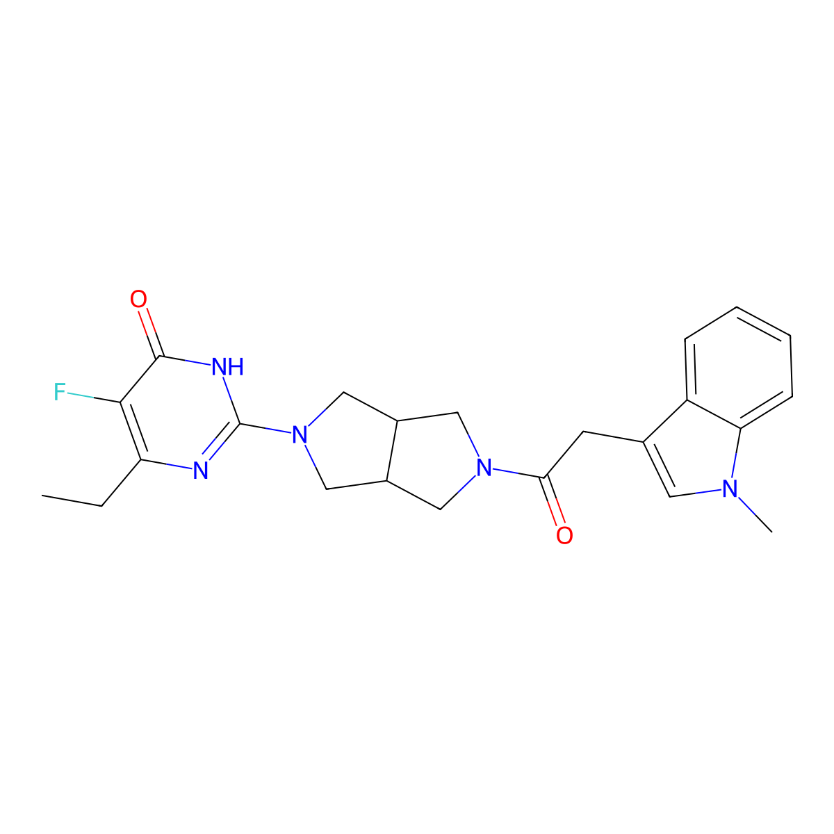6-ethyl-5-fluoro-2-{5-[2-(1-methyl-1H-indol-3-yl)acetyl]-octahydropyrrolo[3,4-c]pyrrol-2-yl}-3,4-dihydropyrimidin-4-one molecular structure, CAS 2640946-80-9