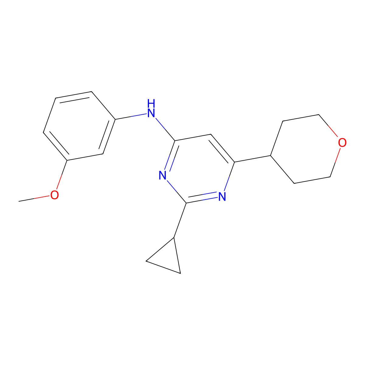 2-cyclopropyl-N-(3-methoxyphenyl)-6-(oxan-4-yl)pyrimidin-4-amine molecular structure, CAS 2640946-82-1