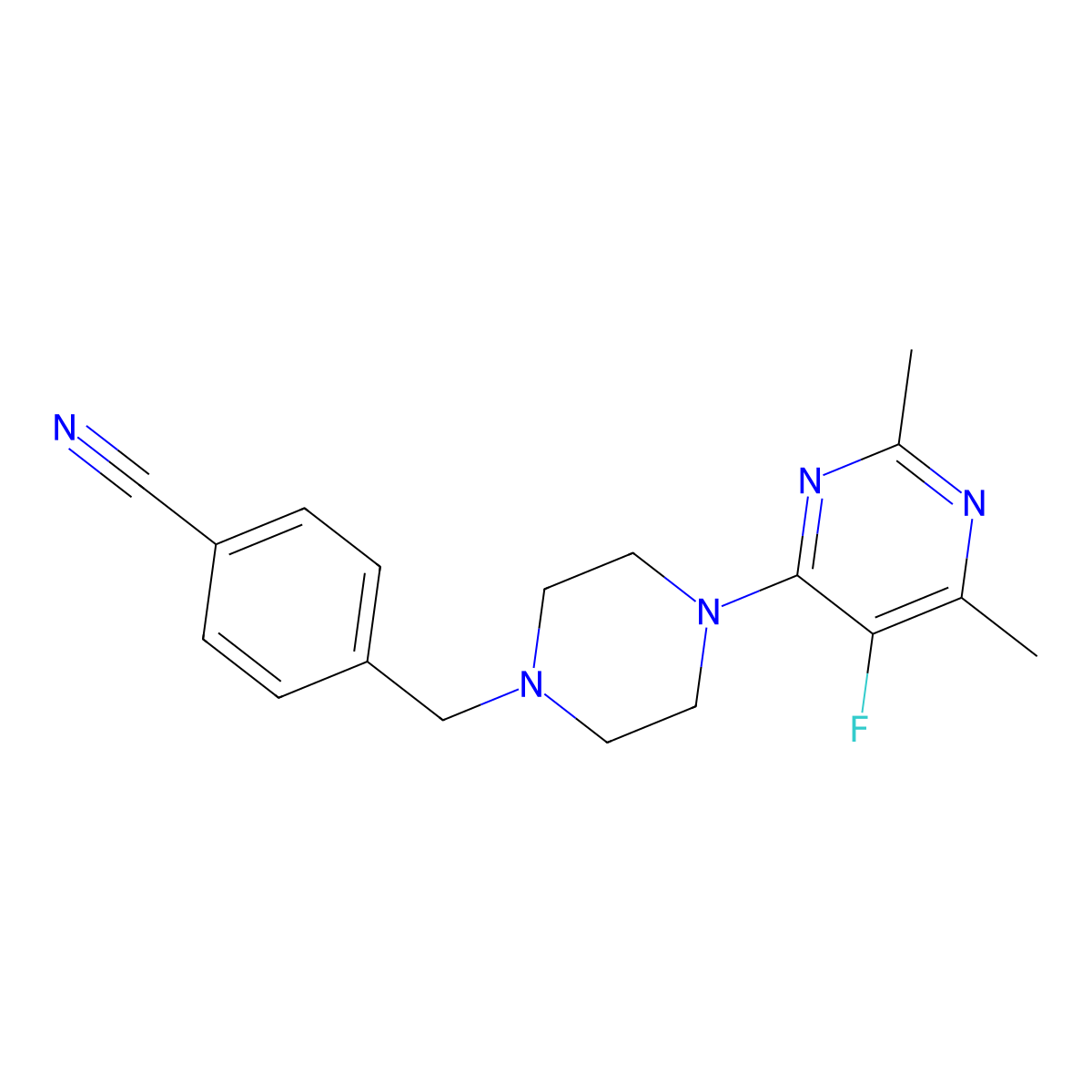4-{[4-(5-Fluoro-2,6-dimethylpyrimidin-4-yl)piperazin-1-yl]methyl}benzonitrile molecular structure, CAS 2640946-83-2