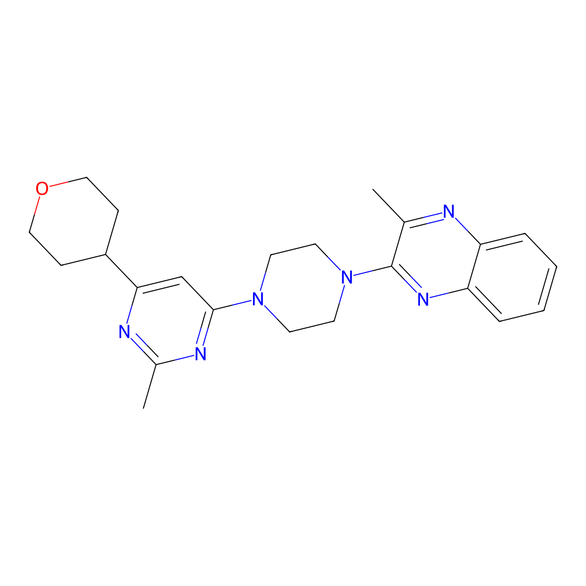 2-Methyl-3-{4-[2-methyl-6-(oxan-4-yl)pyrimidin-4-yl]piperazin-1-yl}quinoxaline molecular structure, CAS 2640946-85-4