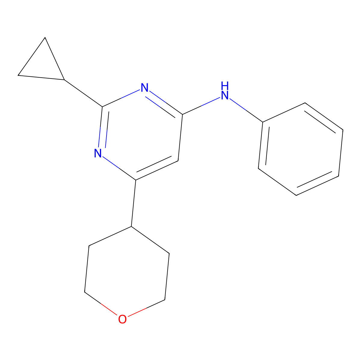 2-cyclopropyl-6-(oxan-4-yl)-N-phenylpyrimidin-4-amine molecular structure, CAS 2640946-88-7
