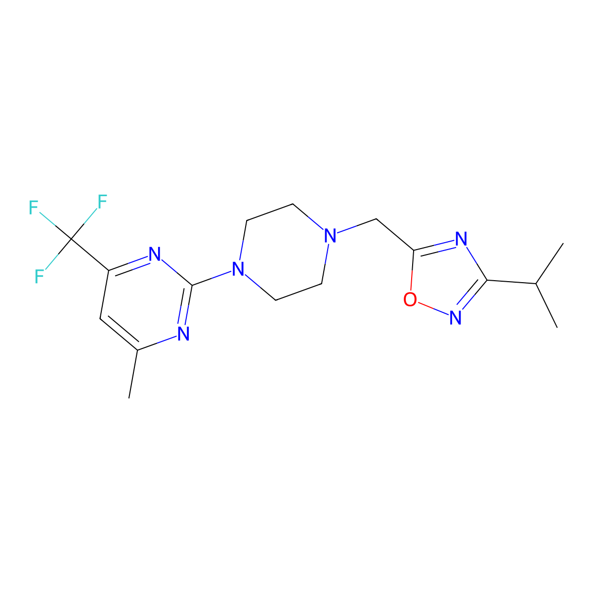 4-Methyl-2-(4-{[3-(propan-2-yl)-1,2,4-oxadiazol-5-yl]methyl}piperazin-1-yl)-6-(trifluoromethyl)pyrimidine molecular structure, CAS 2640946-89-8