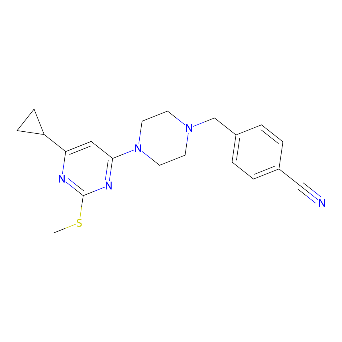4-({4-[6-Cyclopropyl-2-(methylsulfanyl)pyrimidin-4-yl]piperazin-1-yl}methyl)benzonitrile molecular structure, CAS 2640946-90-1