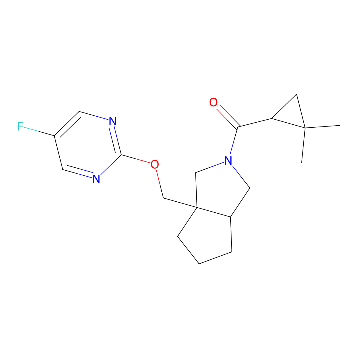 2-{[2-(2,2-Dimethylcyclopropanecarbonyl)-octahydrocyclopenta[c]pyrrol-3a-yl]methoxy}-5-fluoropyrimidine molecular structure, CAS 2640946-92-3