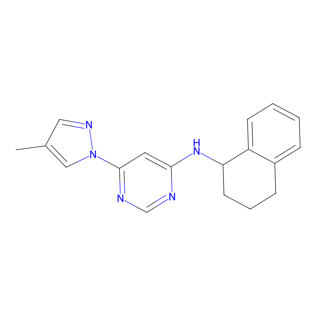 6-(4-methyl-1H-pyrazol-1-yl)-N-(1,2,3,4-tetrahydronaphthalen-1-yl)pyrimidin-4-amine molecular structure, CAS 2640946-93-4