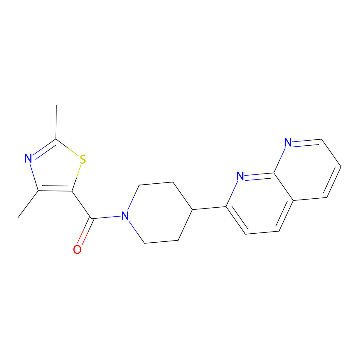 2-[1-(2,4-Dimethyl-1,3-thiazole-5-carbonyl)piperidin-4-yl]-1,8-naphthyridine molecular structure, CAS 2640946-95-6