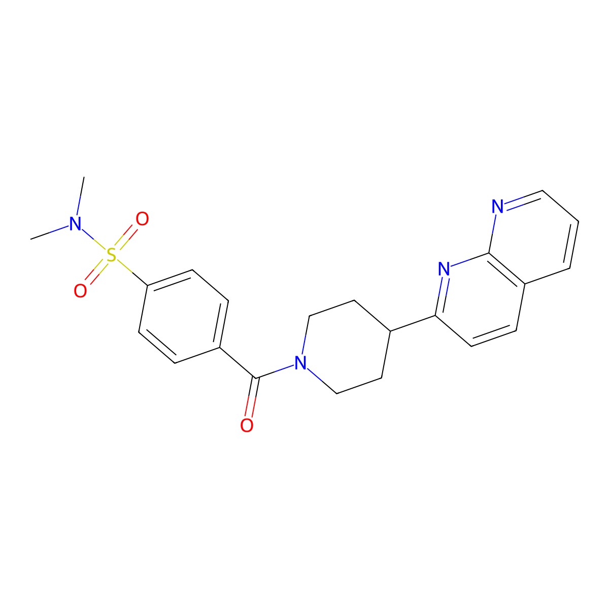N,N-dimethyl-4-[4-(1,8-naphthyridin-2-yl)piperidine-1-carbonyl]benzene-1-sulfonamide molecular structure, CAS 2640947-03-9