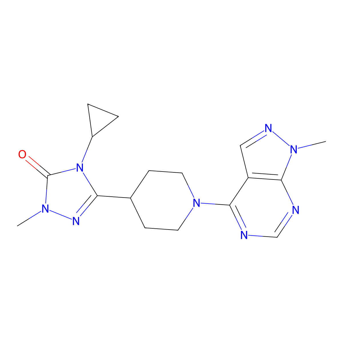 4-cyclopropyl-1-methyl-3-(1-{1-methyl-1H-pyrazolo[3,4-d]pyrimidin-4-yl}piperidin-4-yl)-4,5-dihydro-1H-1,2,4-triazol-5-one molecular structure, CAS 2640947-08-4