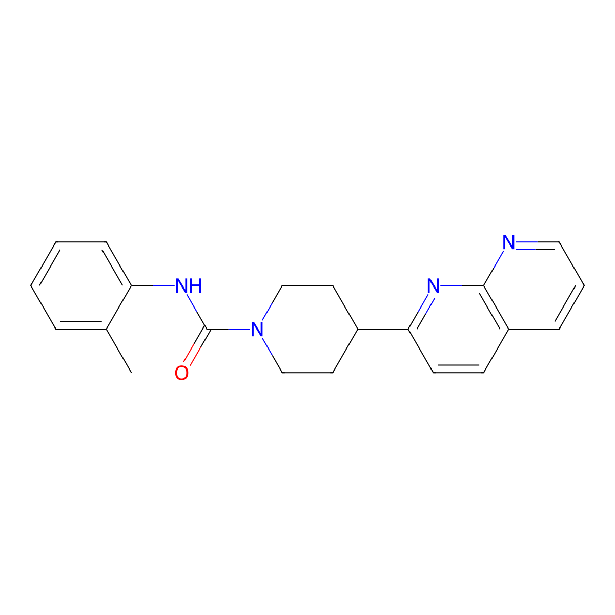 N-(2-methylphenyl)-4-(1,8-naphthyridin-2-yl)piperidine-1-carboxamide molecular structure, CAS 2640947-12-0