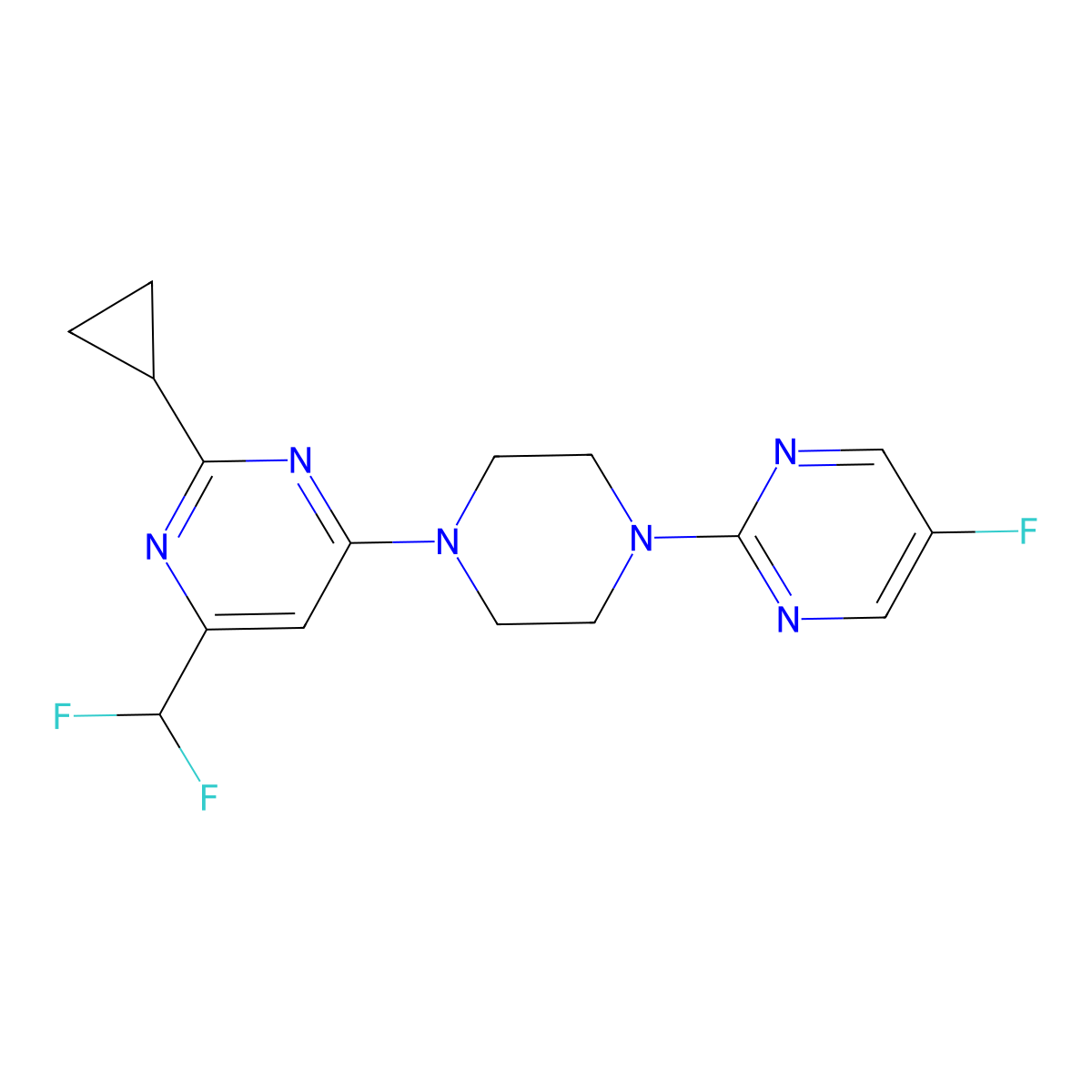2-Cyclopropyl-4-(difluoromethyl)-6-[4-(5-fluoropyrimidin-2-yl)piperazin-1-yl]pyrimidine molecular structure, CAS 2640947-13-1
