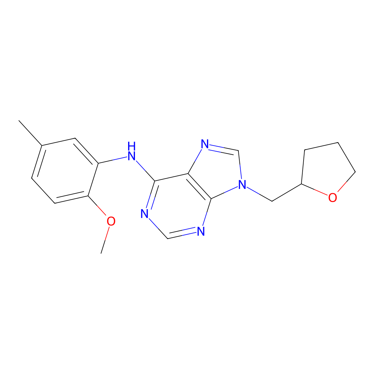 N-(2-methoxy-5-methylphenyl)-9-[(oxolan-2-yl)methyl]-9H-purin-6-amine molecular structure, CAS 2640947-16-4