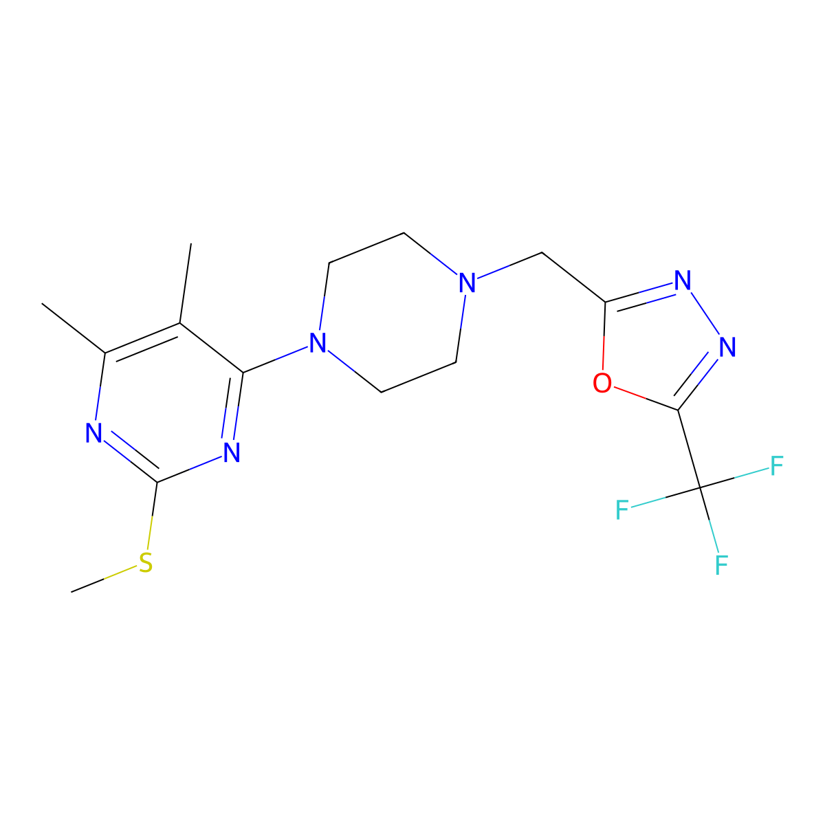 4,5-Dimethyl-2-(methylsulfanyl)-6-(4-{[5-(trifluoromethyl)-1,3,4-oxadiazol-2-yl]methyl}piperazin-1-yl)pyrimidine molecular structure, CAS 2640947-20-0