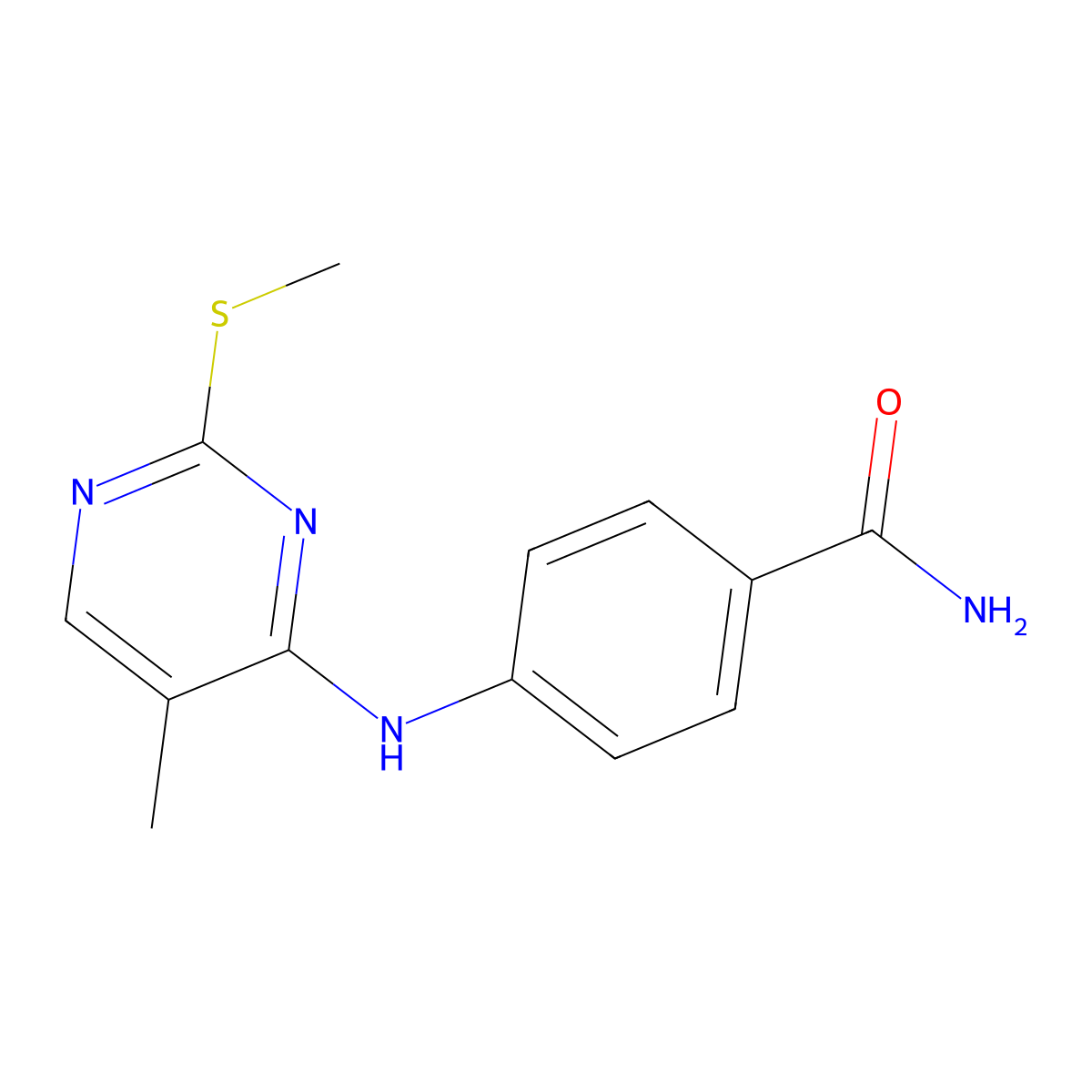 4-{[5-Methyl-2-(methylsulfanyl)pyrimidin-4-yl]amino}benzamide molecular structure, CAS 2640947-26-6