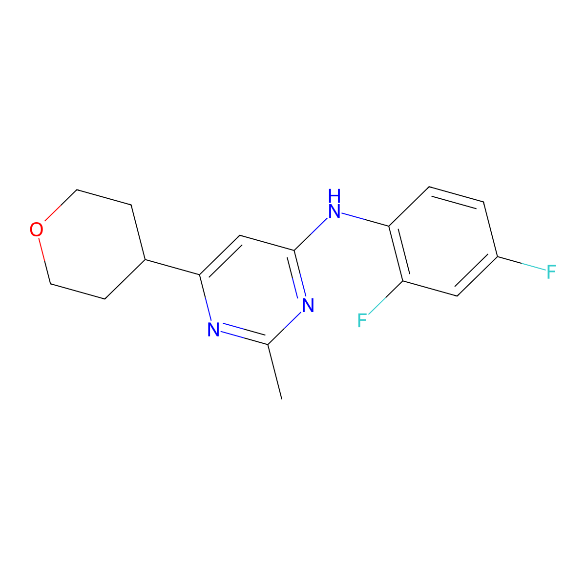 N-(2,4-difluorophenyl)-2-methyl-6-(oxan-4-yl)pyrimidin-4-amine molecular structure, CAS 2640947-28-8