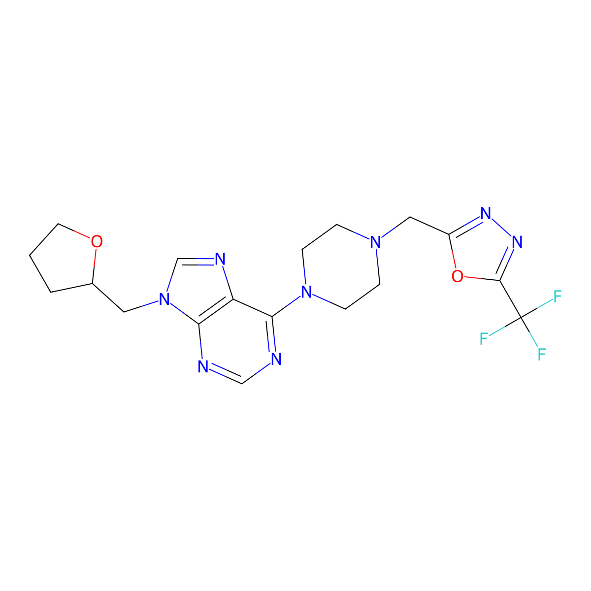 9-[(oxolan-2-yl)methyl]-6-(4-{[5-(trifluoromethyl)-1,3,4-oxadiazol-2-yl]methyl}piperazin-1-yl)-9H-purine molecular structure, CAS 2640947-29-9