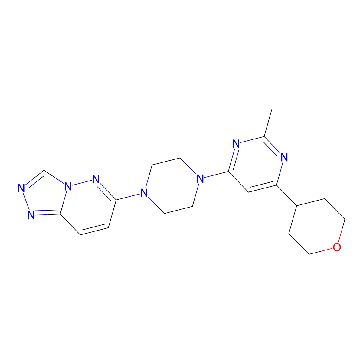 2-Methyl-4-(oxan-4-yl)-6-(4-{[1,2,4]triazolo[4,3-b]pyridazin-6-yl}piperazin-1-yl)pyrimidine molecular structure, CAS 2640947-30-2
