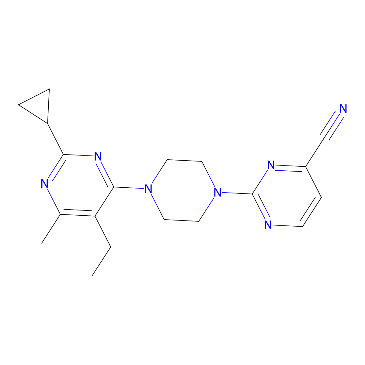 2-[4-(2-Cyclopropyl-5-ethyl-6-methylpyrimidin-4-yl)piperazin-1-yl]pyrimidine-4-carbonitrile molecular structure, CAS 2640947-40-4