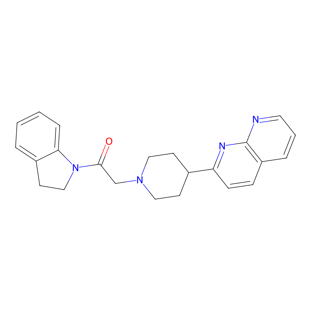1-(2,3-dihydro-1H-indol-1-yl)-2-[4-(1,8-naphthyridin-2-yl)piperidin-1-yl]ethan-1-one molecular structure, CAS 2640947-41-5