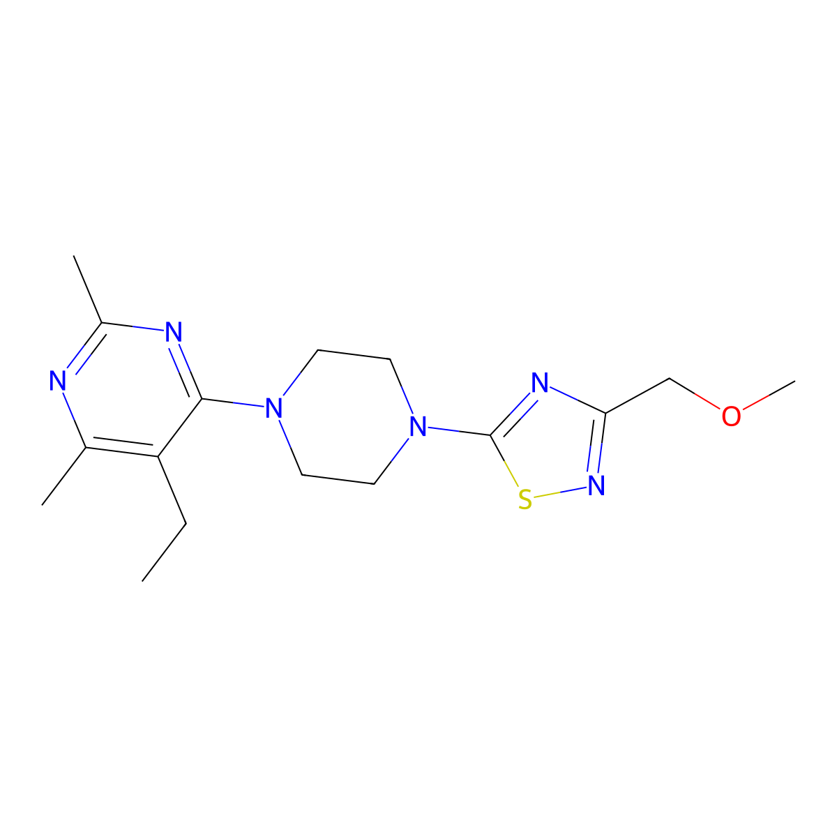 5-Ethyl-4-{4-[3-(methoxymethyl)-1,2,4-thiadiazol-5-yl]piperazin-1-yl}-2,6-dimethylpyrimidine molecular structure, CAS 2640947-44-8