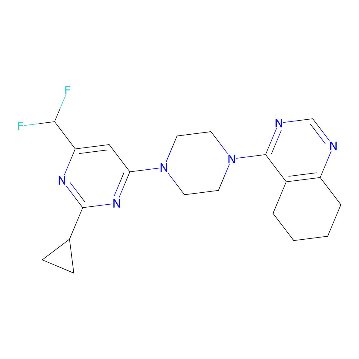 4-{4-[2-Cyclopropyl-6-(difluoromethyl)pyrimidin-4-yl]piperazin-1-yl}-5,6,7,8-tetrahydroquinazoline molecular structure, CAS 2640947-50-6