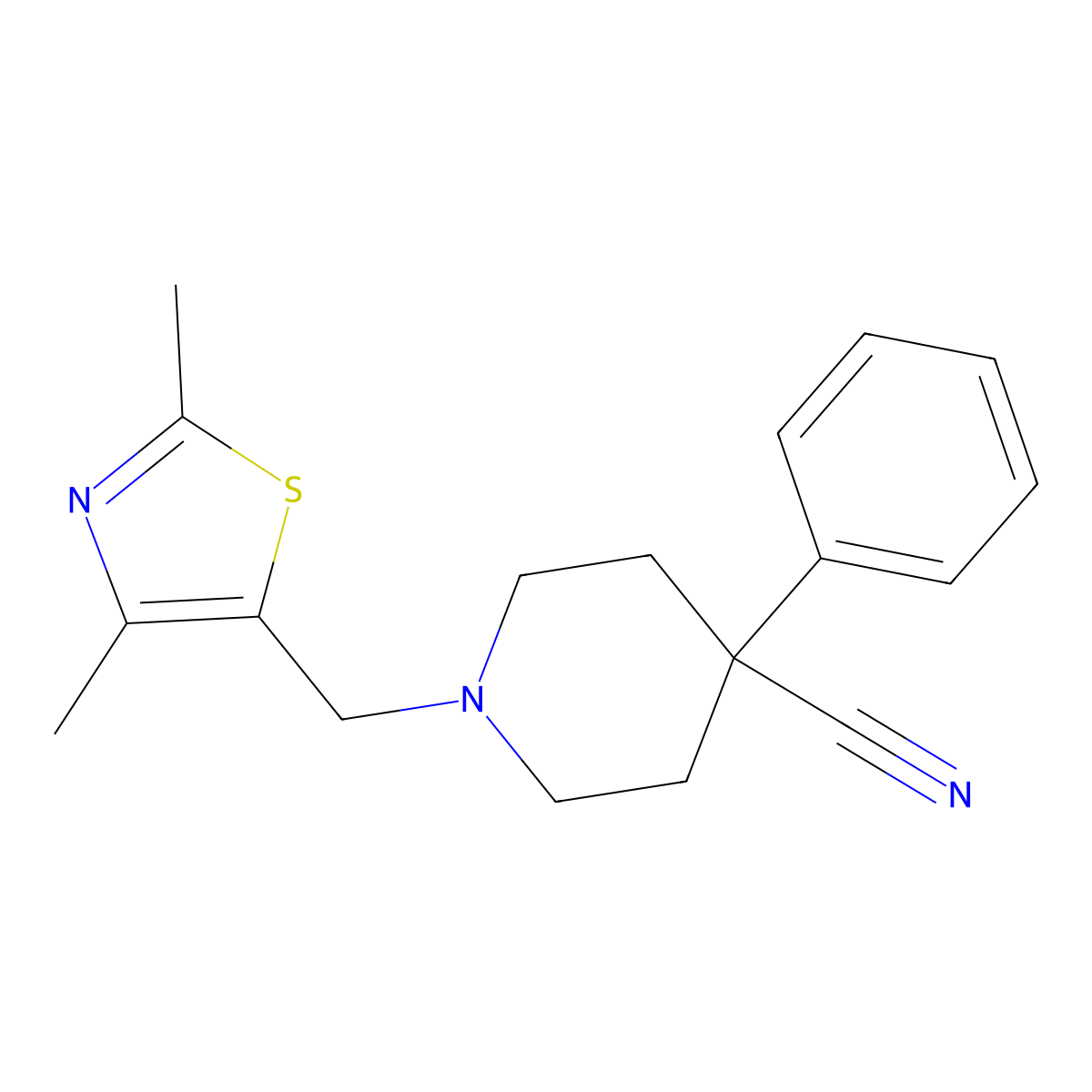 1-[(2,4-Dimethyl-1,3-thiazol-5-yl)methyl]-4-phenylpiperidine-4-carbonitrile molecular structure, CAS 2640947-54-0