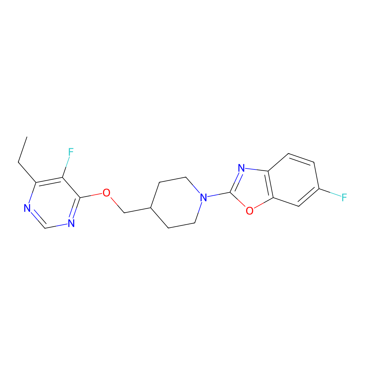 2-(4-{[(6-Ethyl-5-fluoropyrimidin-4-yl)oxy]methyl}piperidin-1-yl)-6-fluoro-1,3-benzoxazole molecular structure, CAS 2640947-57-3